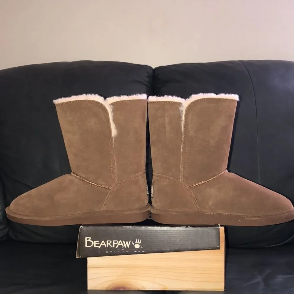 BearPaw 11 Victorian Hickory II Chocolate Brown Sheepskin Lined Suede Boots